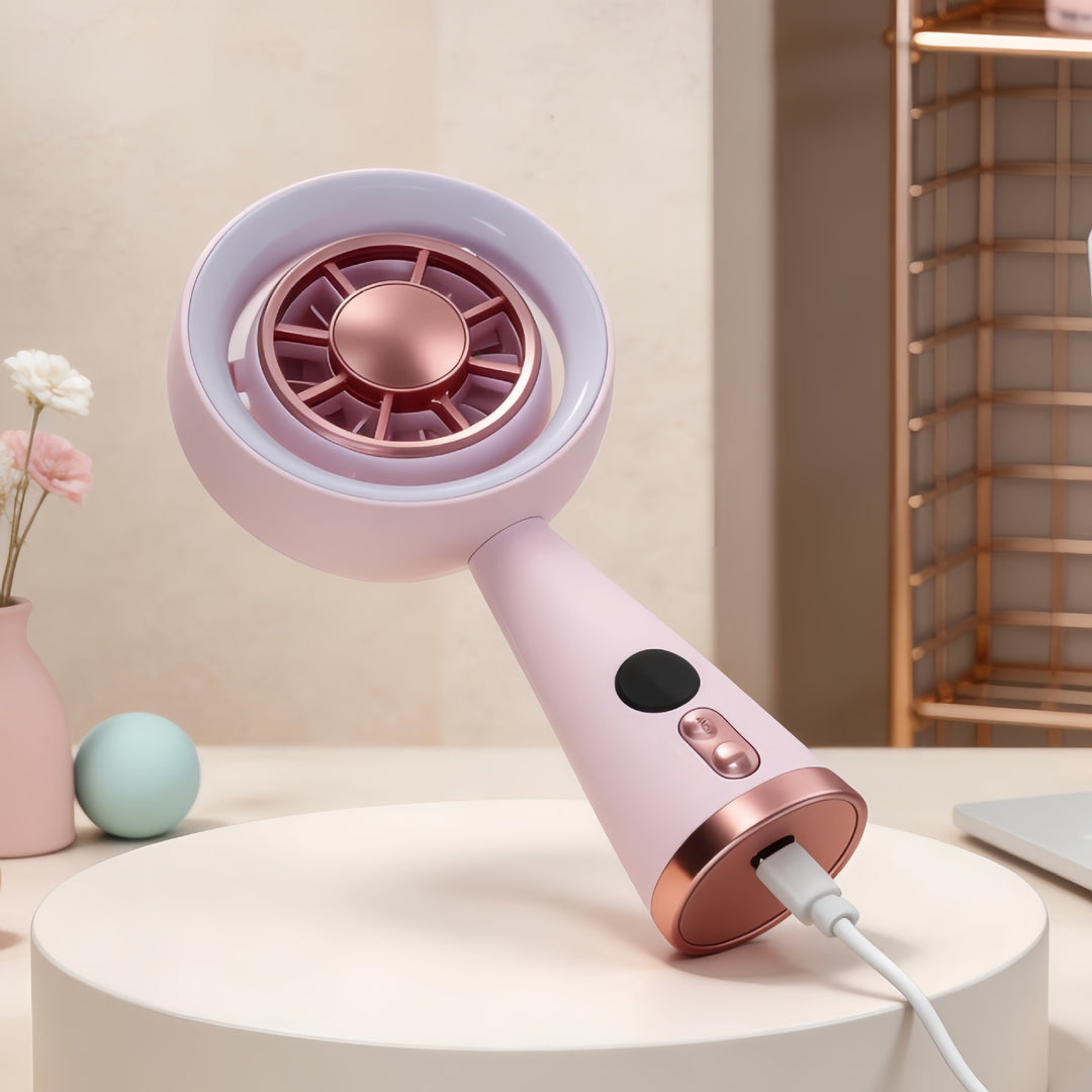 Women's Portable Mini Fan with LED Lighting and Digital Speed Display Bowlift