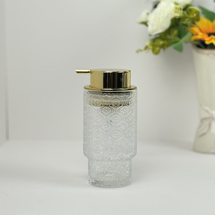 Embossed vintage glass vanity organizer set with pump dispenser and toothbrush cup Bowlift