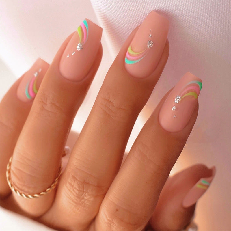 Artistic Press-On Nail Set with Colorful Wave Patterns Bowlift