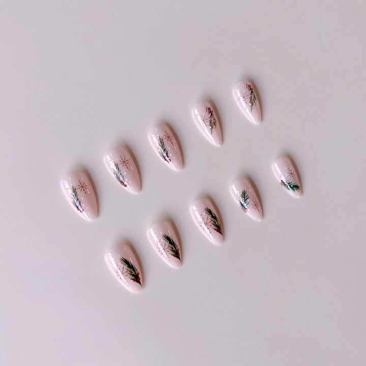 Artificial nail set with winter fir tree application Bowlift