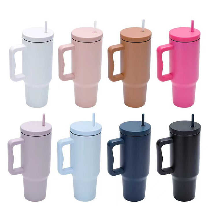 Women thermos cup with ergonomic handle and integrated straw Bowlift