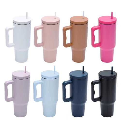 Women thermos cup with ergonomic handle and integrated straw Bowlift