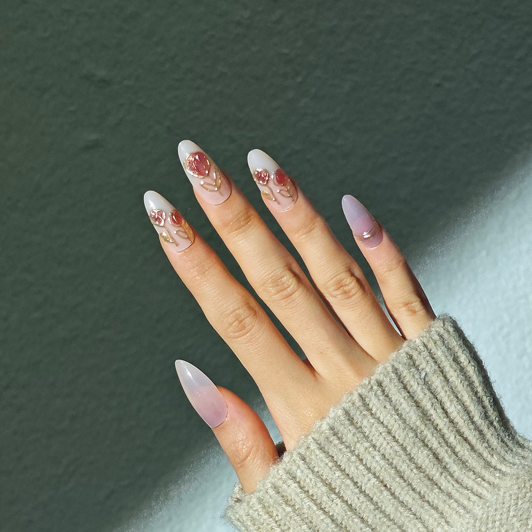 Elegant Stiletto Press-On Nail Set with Artistic Floral Design Bowlift