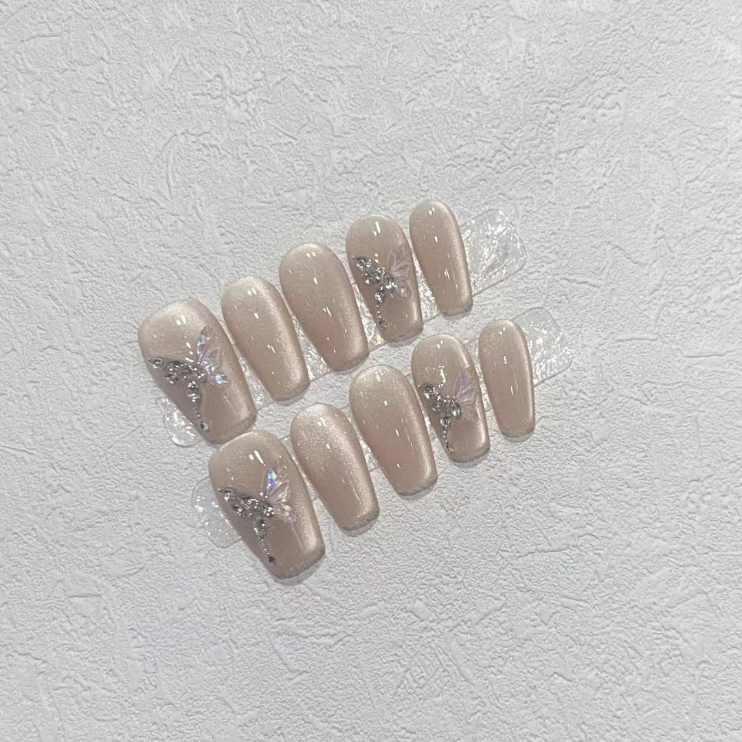 Stylish Press-On Nail Art Set with Elegant Butterfly and Gem Accents Bowlift