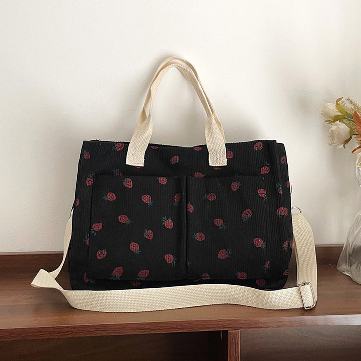 WoStylish Multi-Pocket Strawberry Print Canvas Tote Bag Bowlift