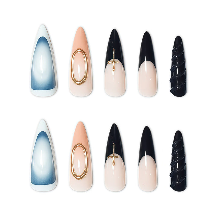 Elegant Stiletto Nail Enhancements with Unique Accents Bowlift