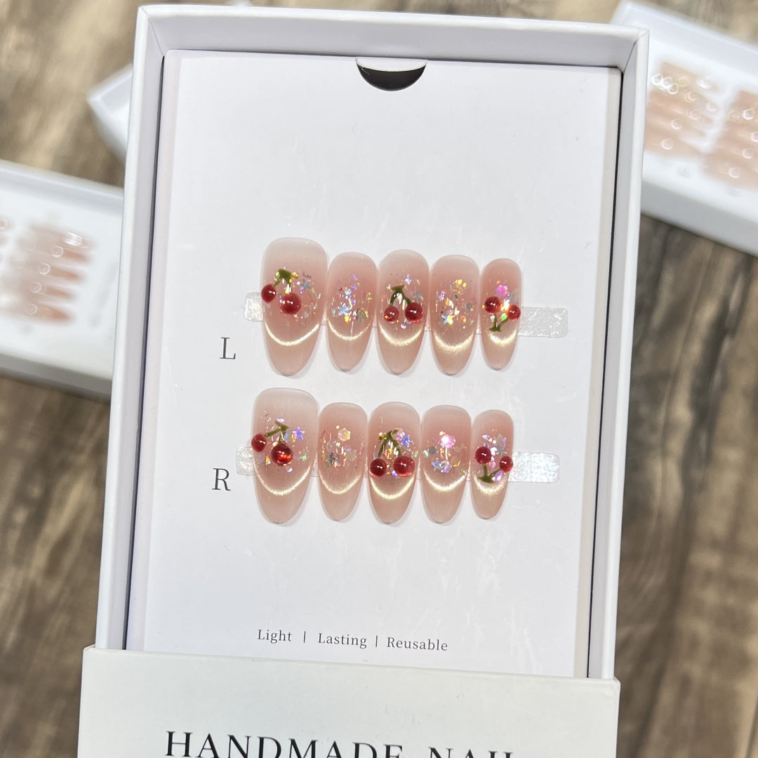 Handmade Cherry-Embossed Press-On Nail Set Bowlift