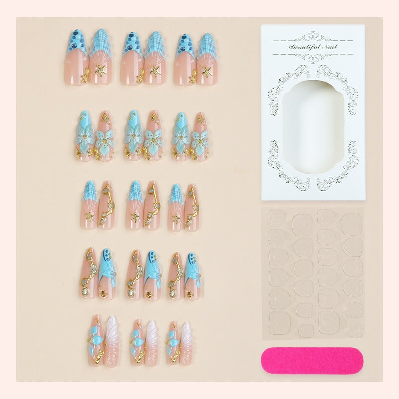 Artificial nail set with maritime motifs and glamorous decorations Bowlift