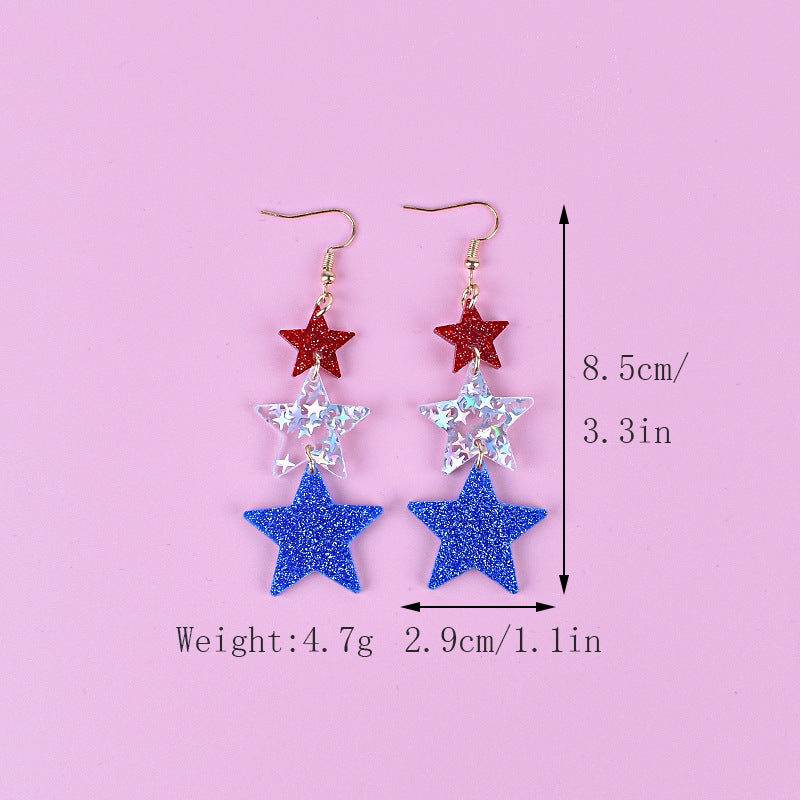 Women's long star pendant earrings made of glitter resin with three-tier chain suspension and fishhook bowlift