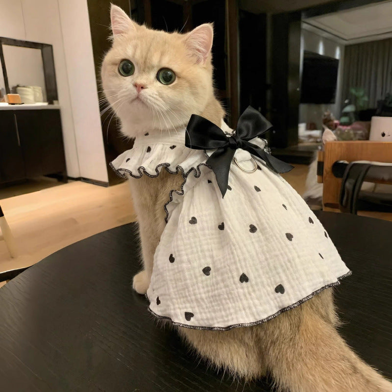 Cat Muslin Frill Dress with Heart Print Bow and Harness Loop Bowlift