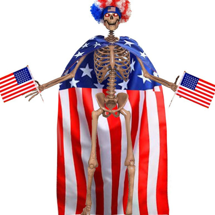 Unisex nan patriotic skeleton costume cape with flag print cape wig and handheld flags Bowlift