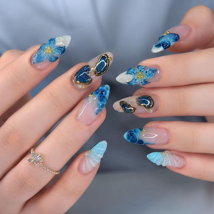 Artistic Press-On Nail Tips Set with Floral and Geometric Patterns Bowlift