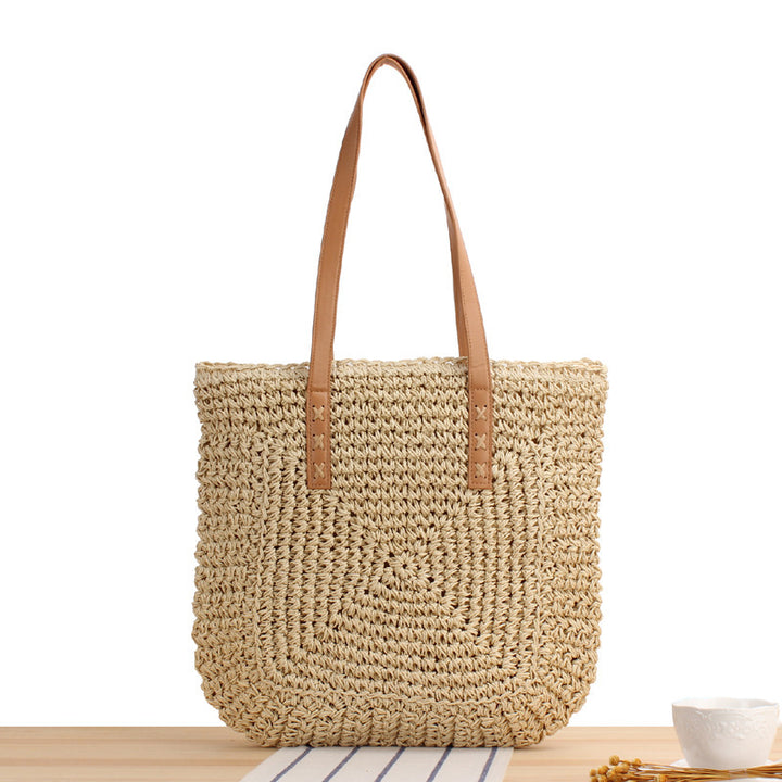 Natural bast shoulder bag with leather handles Bowlift