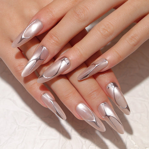 Elegant Metallic Accent Press-On Nails Bowlift