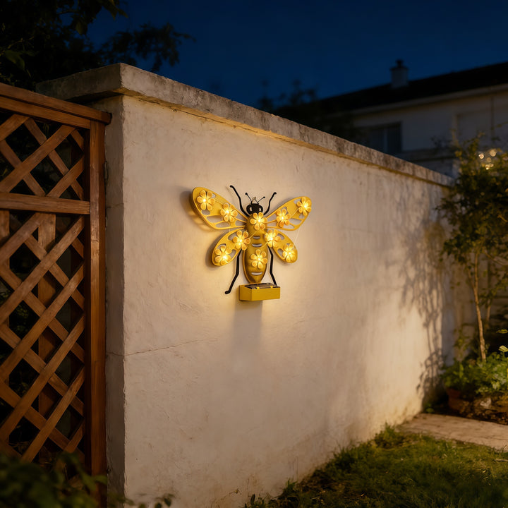 Decorative Solar LED Bee Wall Sculpture With Floral String Lights And Metal Mount Bowlift
