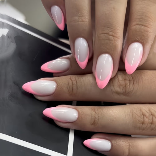Stylish Almond-Shaped Press-On Nail Set with Chic Pink Tips Bowlift
