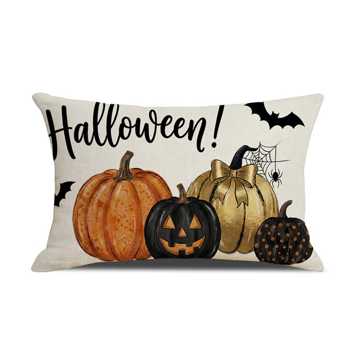 Decorative Halloween Lumbar Pillow Cover with Jack-O'-Lantern Witch Hat and Cobweb Print
