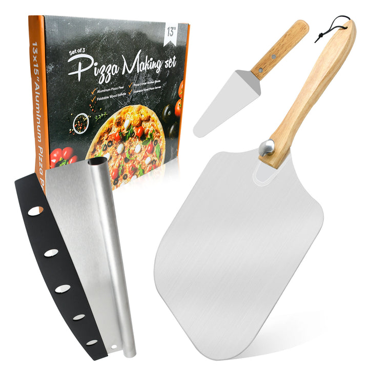 professional pizza peel set with foldable beech wood handle, aluminum paddle and stainless steel rocker cutter Bowlift