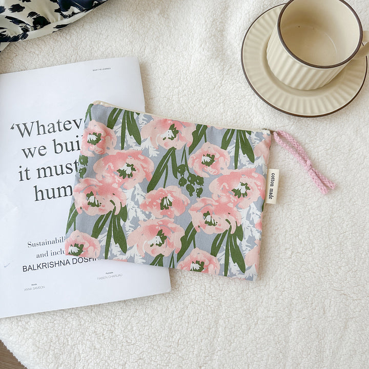 Checked Cotton Zip Pouch with Tassel Accent Bowlift