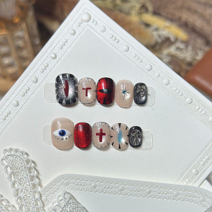 Artistic Press-On Nail Design Set with Unique Symbolic Accents Bowlift