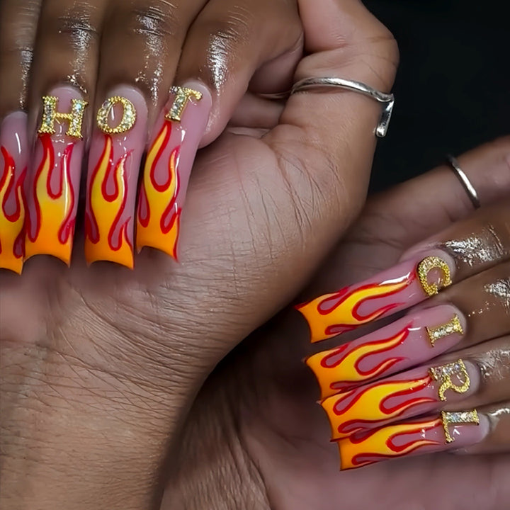 Flame-Patterned Press-On Nail Art Bowlift