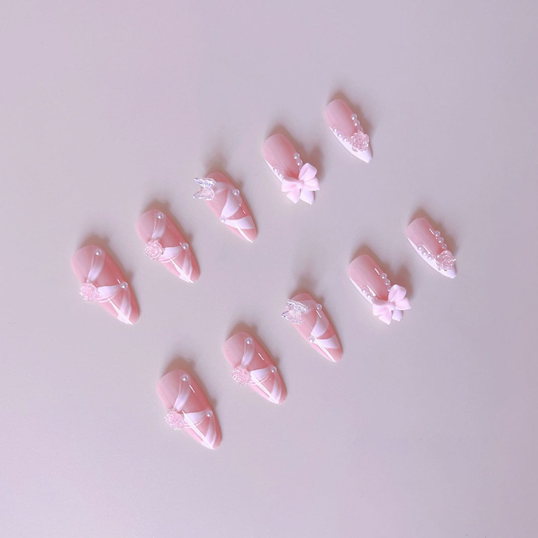Artificial nail set with romantic 3D flower and bow decorations Bowlift