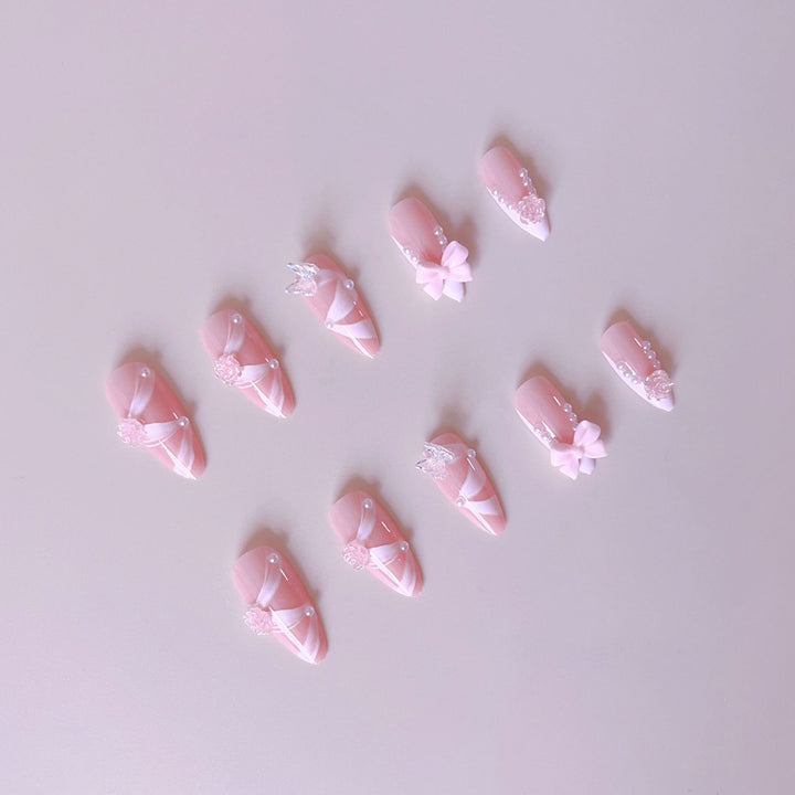 Artificial nail set with romantic 3D flower and bow decorations Bowlift