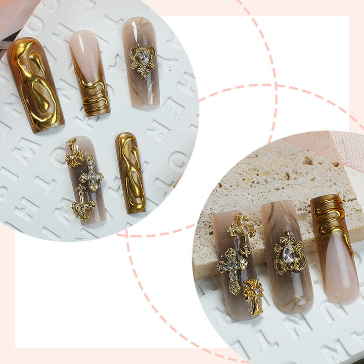 Decorative Press-On Nail Set with Gold Accents Bowlift
