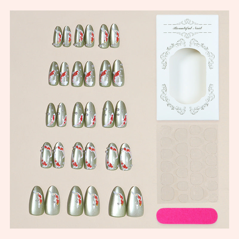Decorative Press-On Nail Art Set with Koi Fish and Gem Accents Bowlift