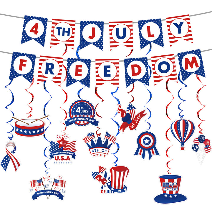 Unisex hanging party decoration hanger with spirals, patriotic symbol pendants and hanging loops Bowlift