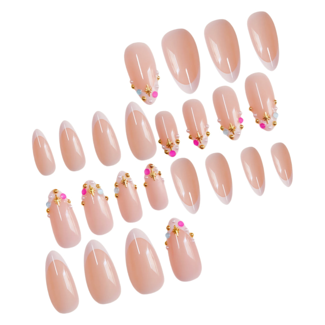 Decorative French Tip Nail Extensions with Gem Accents Bowlift