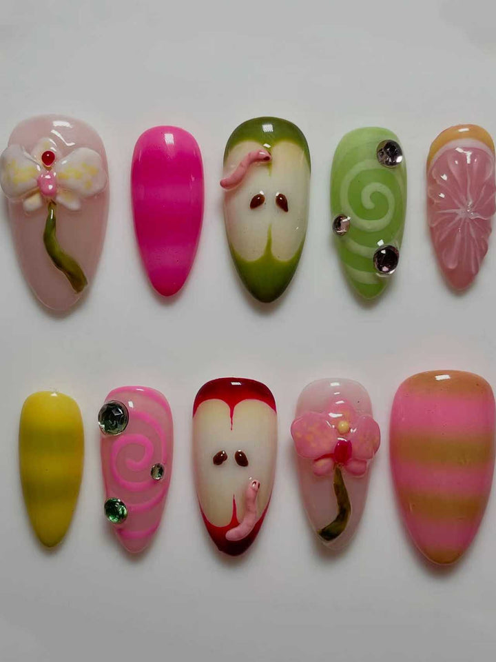 Decorative 3D Floral Press-On Nail Extensions Bowlift