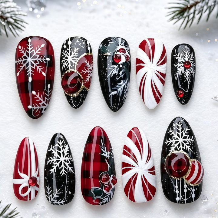 Artificial nails in festive Christmas design Bowlift