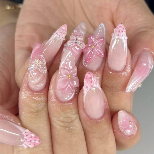 Artful Nail Extensions with Floral Accents Bowlift