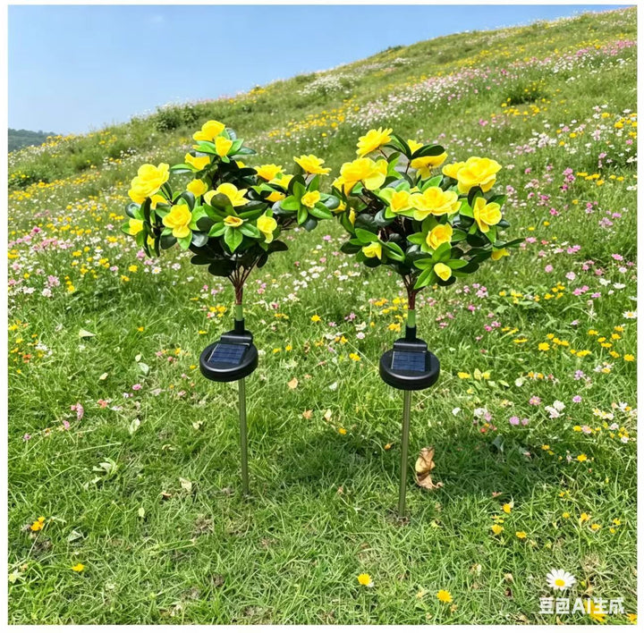 Solar-Powered Realistic Camellia Floral Garden Stake Lights With Adjustable LED Heads And Stainless Steel Spike Bowlift