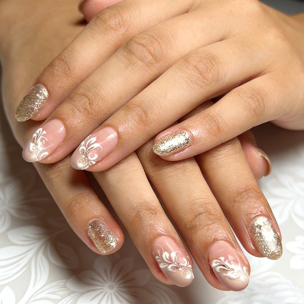 Elegant Floral Glitter Press-On Nails Bowlift
