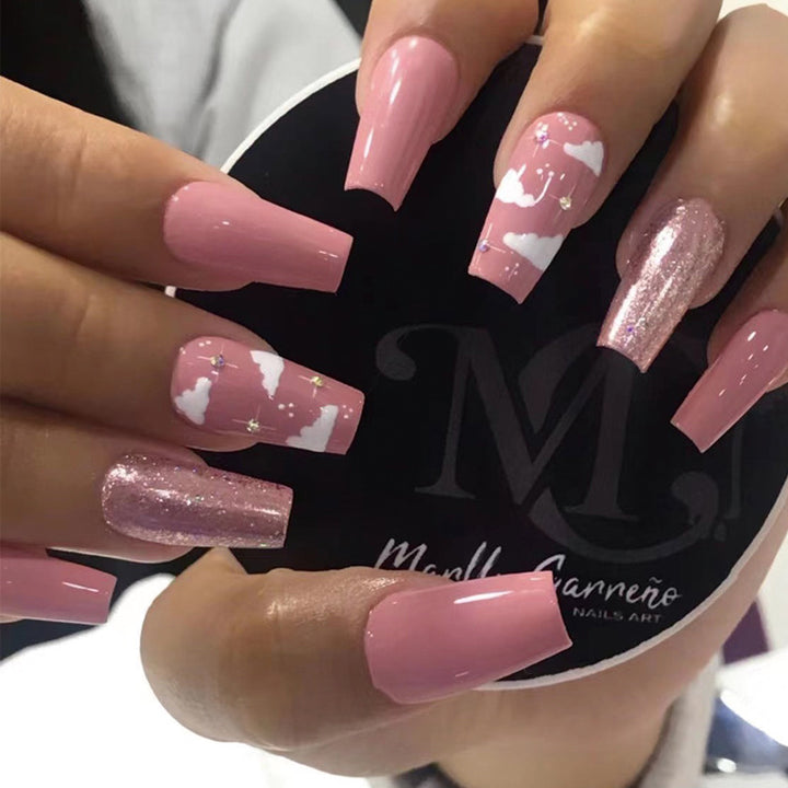Artful Gel Nails with Elegant Floral Design and Glitter Accents Bowlift