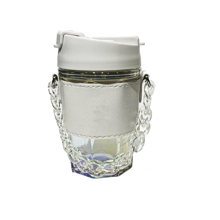 Ladies trendy glass cup with chain carrying strap Bowlift