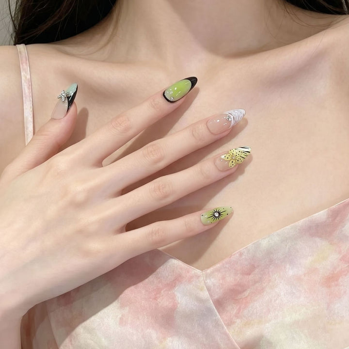 Artistic Press-On Nail Set with Butterfly and Floral Designs Bowlift