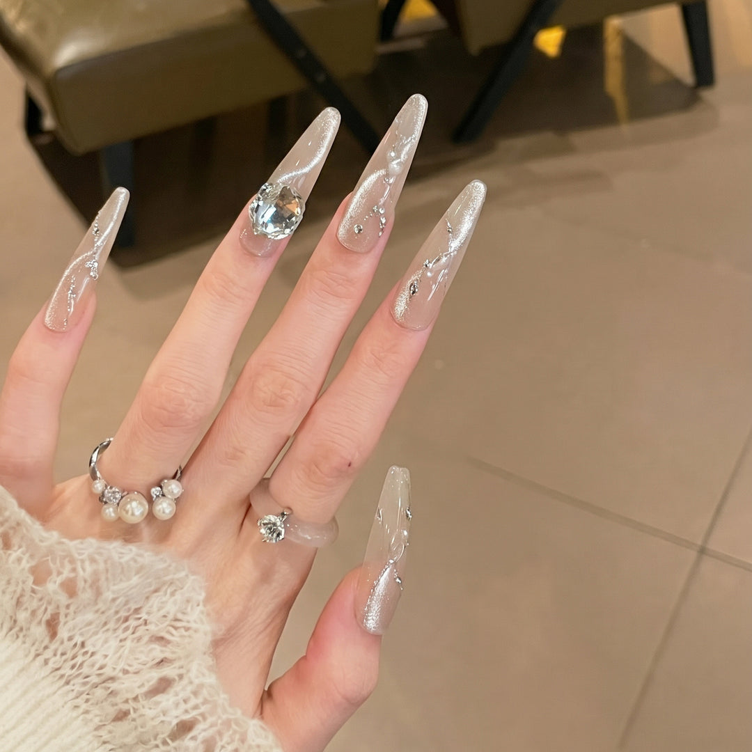 Artistic Stiletto Press-On Nail Set with Crystal Accents Bowlift