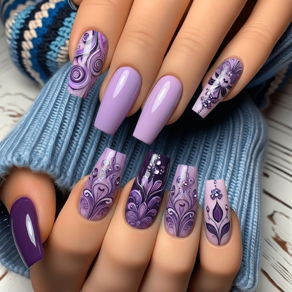 Artificial nails with intricate purple pattern Bowlift