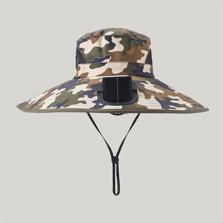 Wide-brimmed outdoor sun hat with solar-powered micro fan, breathable mesh and adjustable chin strap Bowlift