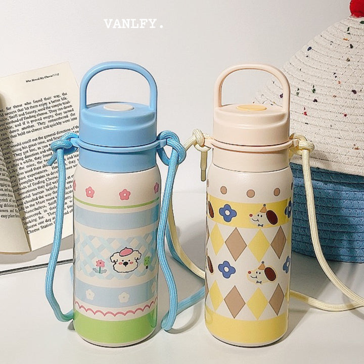Women's insulated drink bottle with continuous animal design and carrying strap Bowlift
