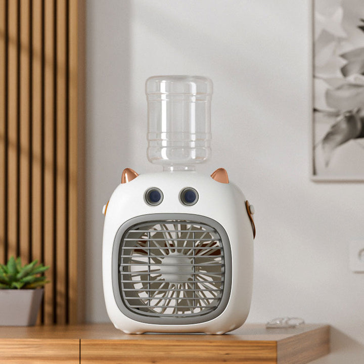 Cooling compact tabletop evaporative misting fan humidifier with refillable top-fill reservoir and adjustable airflow Bowlift