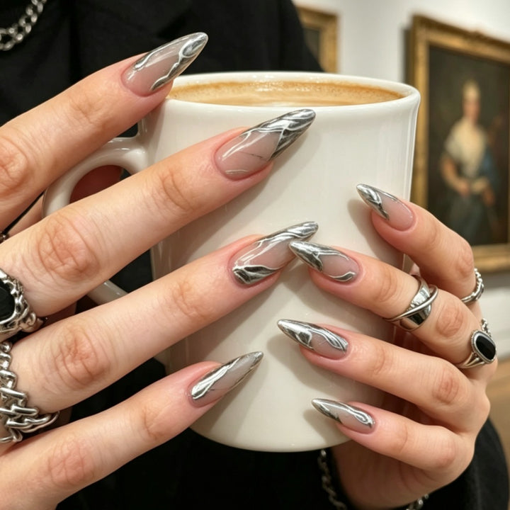 Metallic Marble Art Stiletto Press-On Nails Bowlift