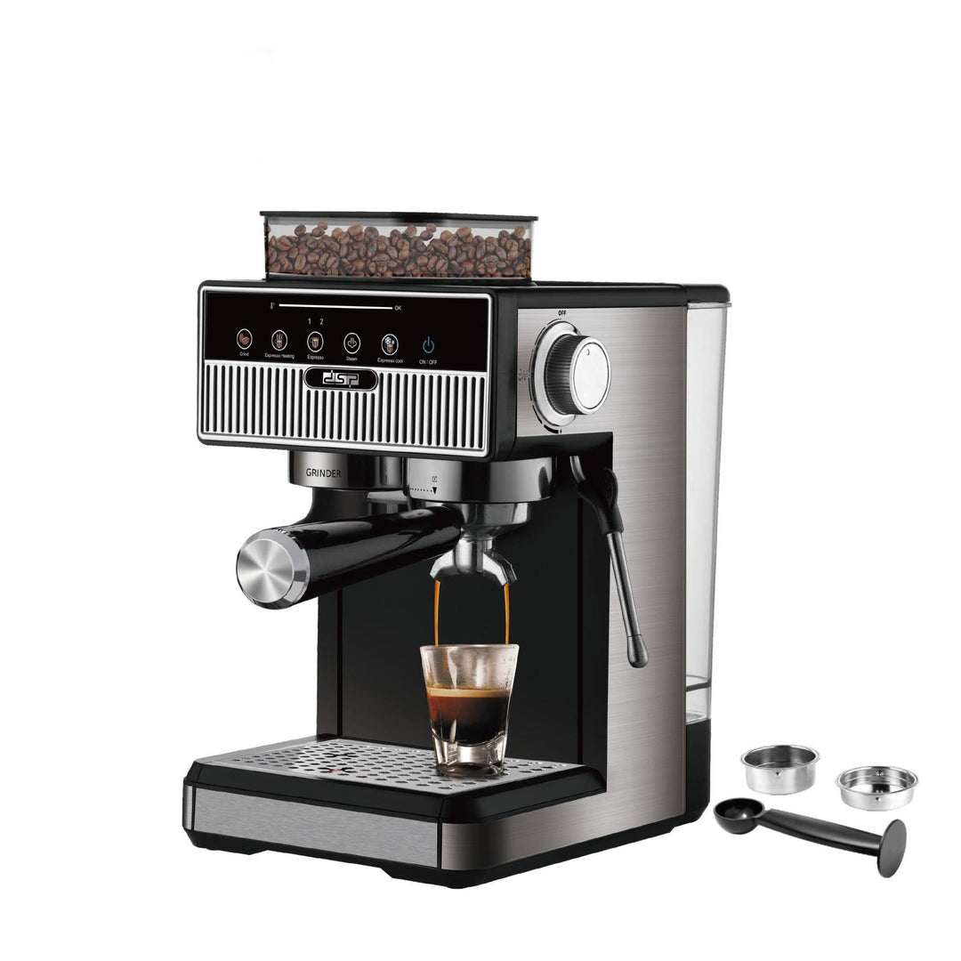 Espresso machine with integrated grinder and precise temperature settings Bowlift