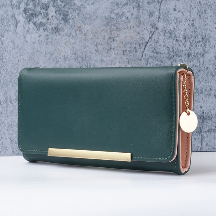 Premium vegan leather long wallet clutch with gold bar accent and detachable chain Bowlift