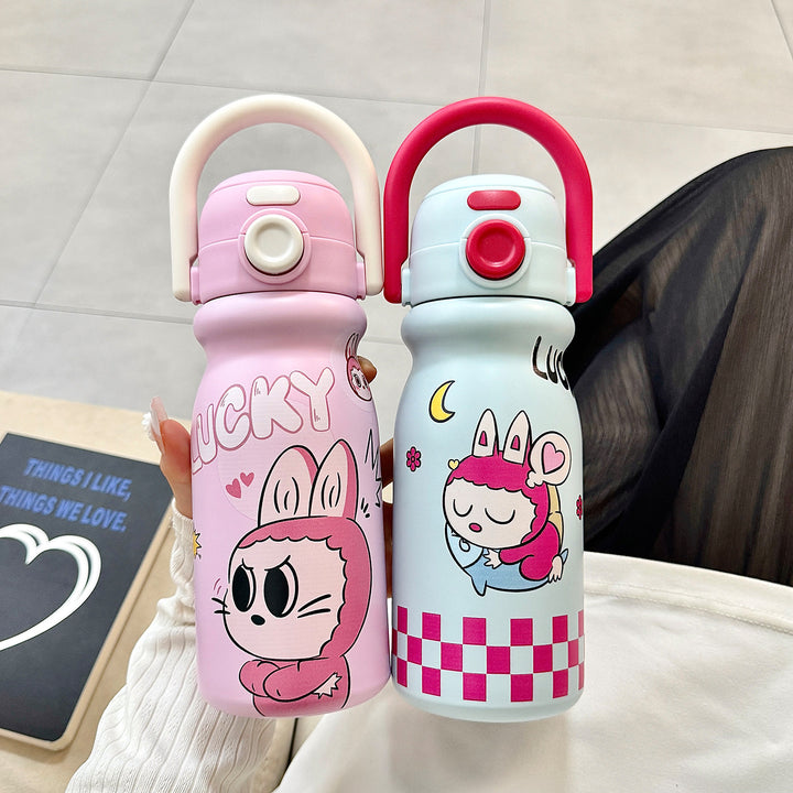 Women's water bottle with fun animal design and ergonomic carrying handle Bowlift