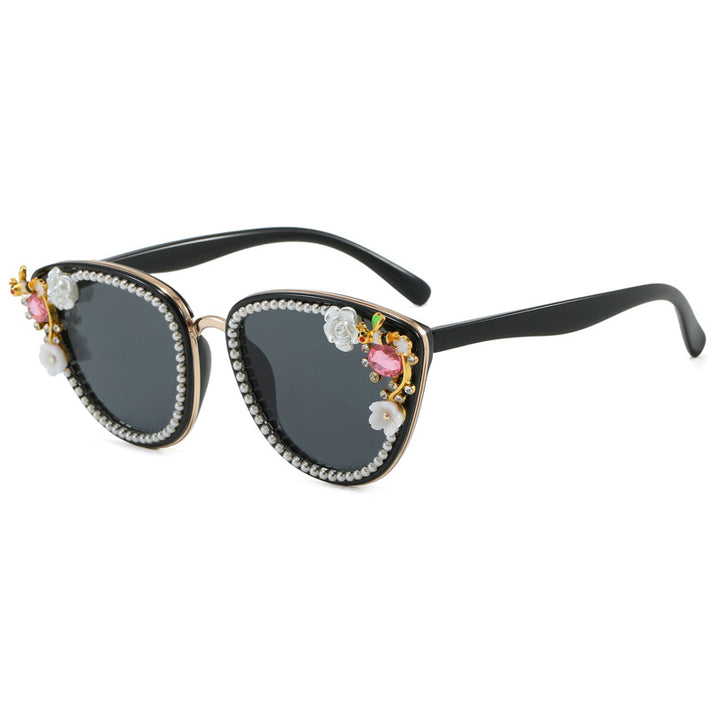 Ladies Glamorous Cat-Eye Sunglasses with Floral Decorations Bowlift