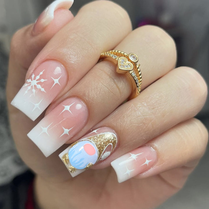 Snowflake Themed Acrylic Nail Art Extensions Bowlift